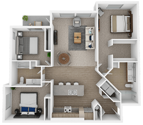 A 3D floor plan of a small apartment with a kitchen, living room, and bedroom.